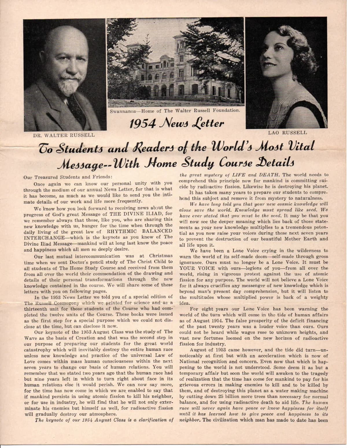 First page of the 1954 News Letter, showing Walter and Lao Russell, their Swannanoa home, and original published text