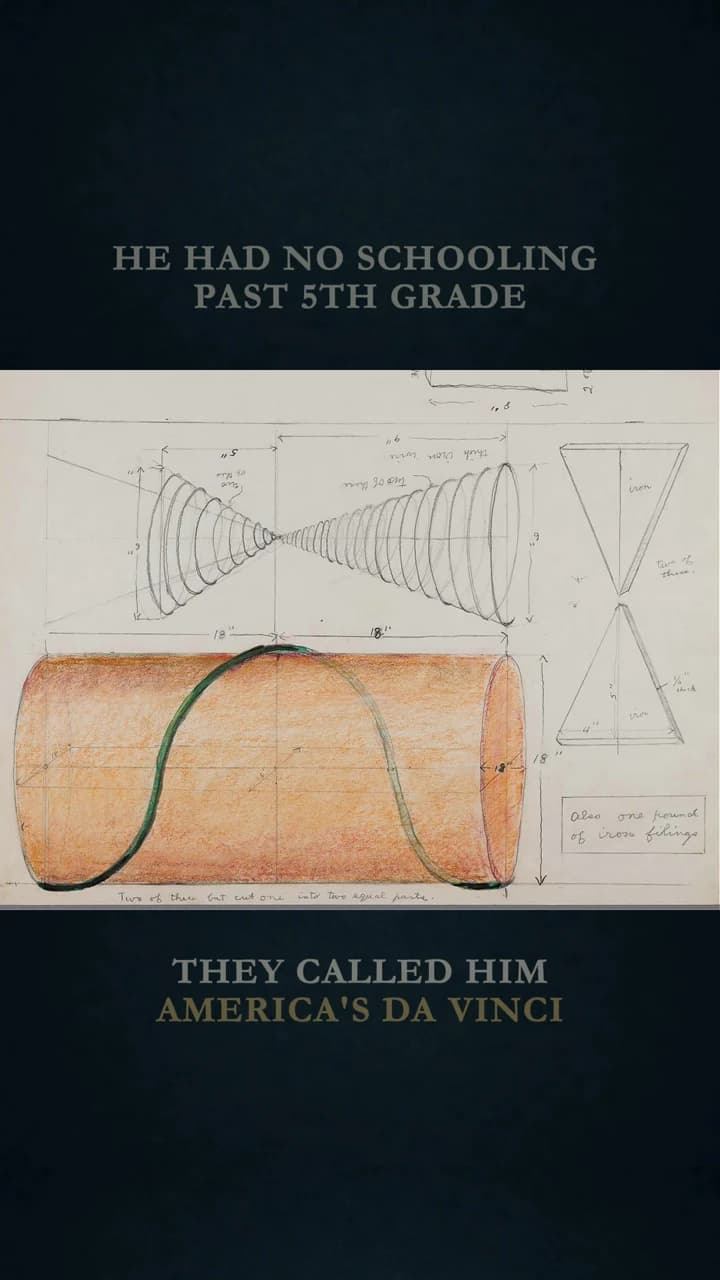 Vertical archival short pairing Walter Russell's hand-drawn studies with a biographical hook